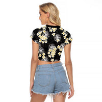 Black Tropical Hawaii Raglan Cropped T Shirt Seamless Monstera Plumeria Hawaiian Pattern - Polynesian Pride