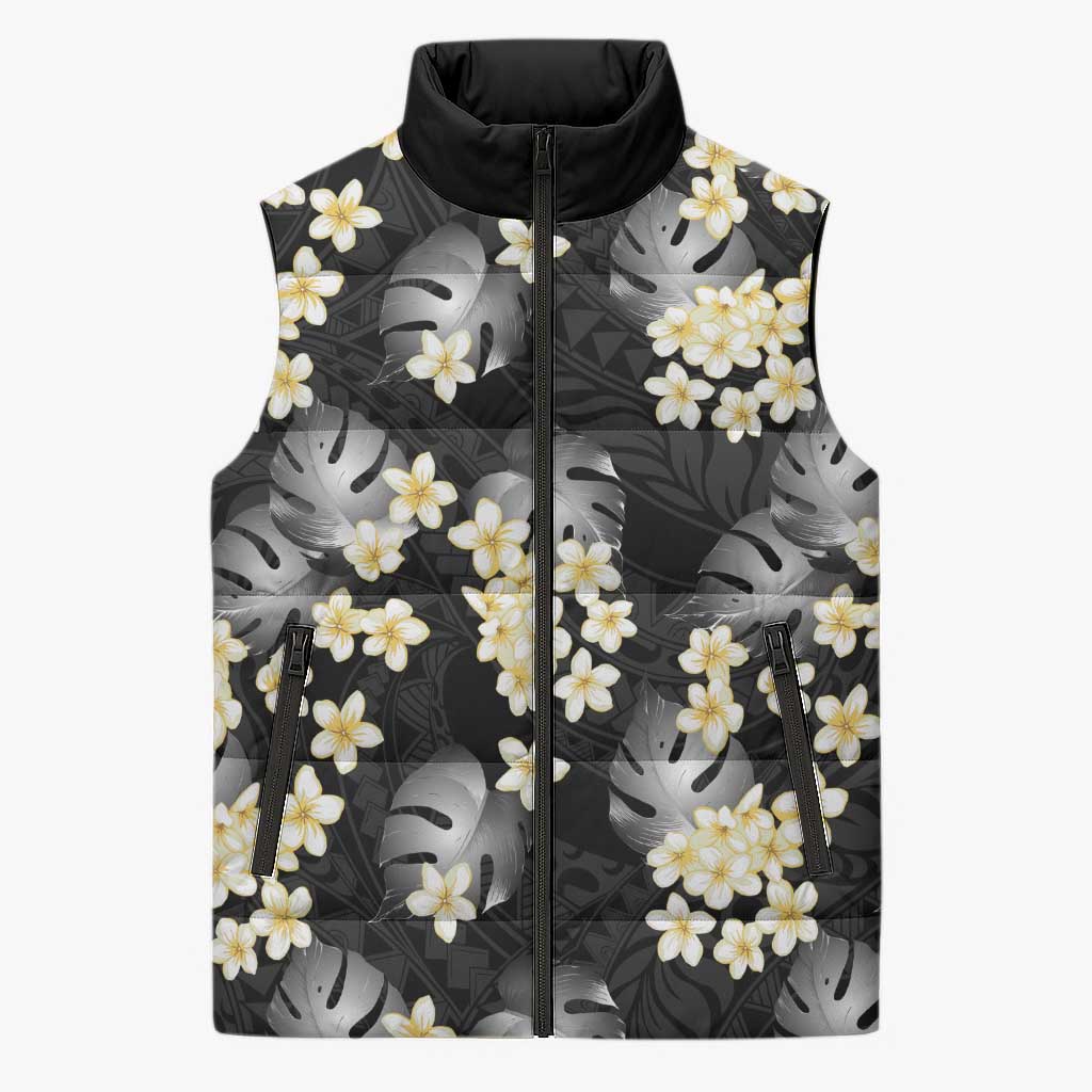 Black Tropical Hawaii Sleeveless Puffer Jacket Seamless Monstera Plumeria Hawaiian Pattern - Polynesian Pride