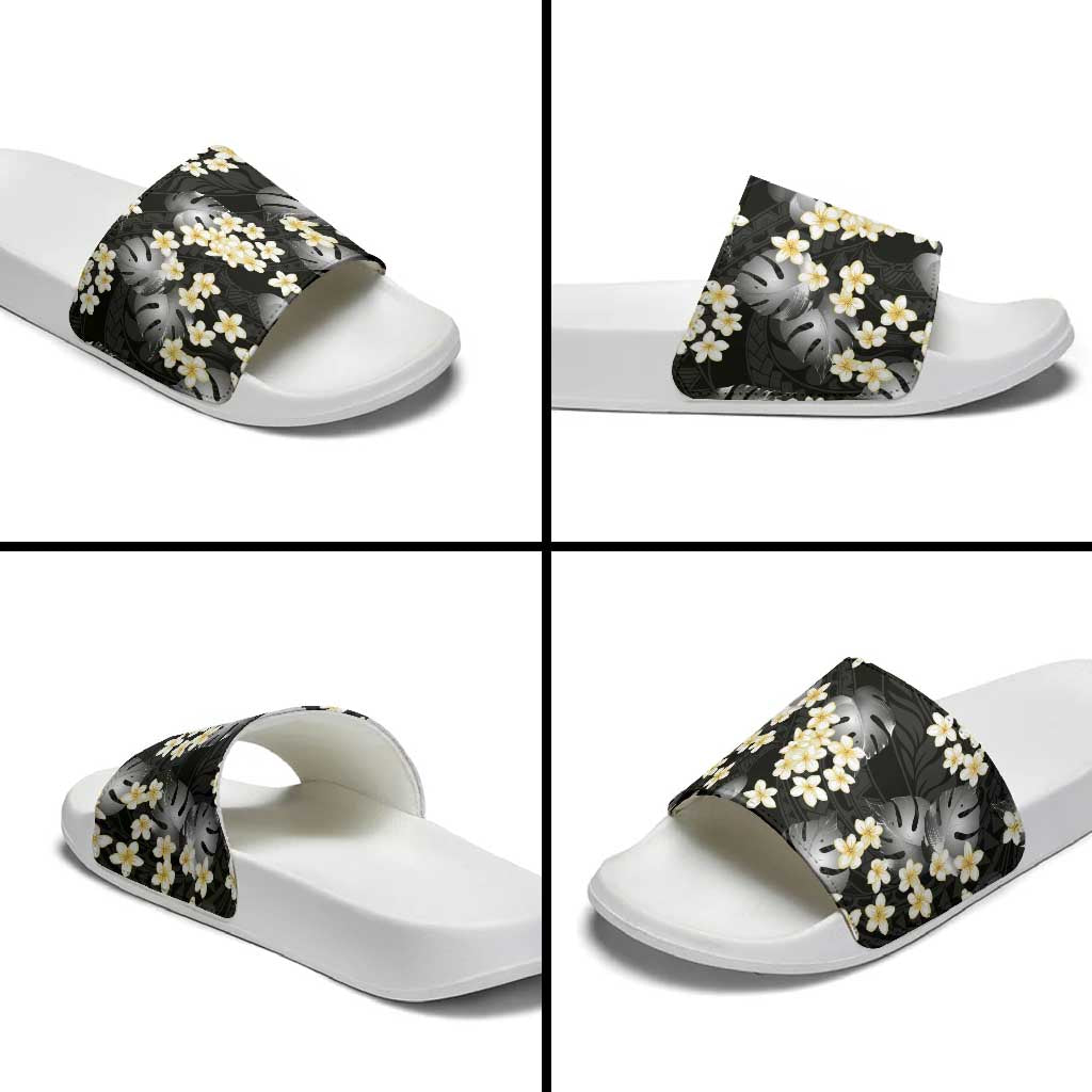 Black Tropical Hawaii Slide Sandals Seamless Monstera Plumeria Hawaiian Pattern - Polynesian Pride