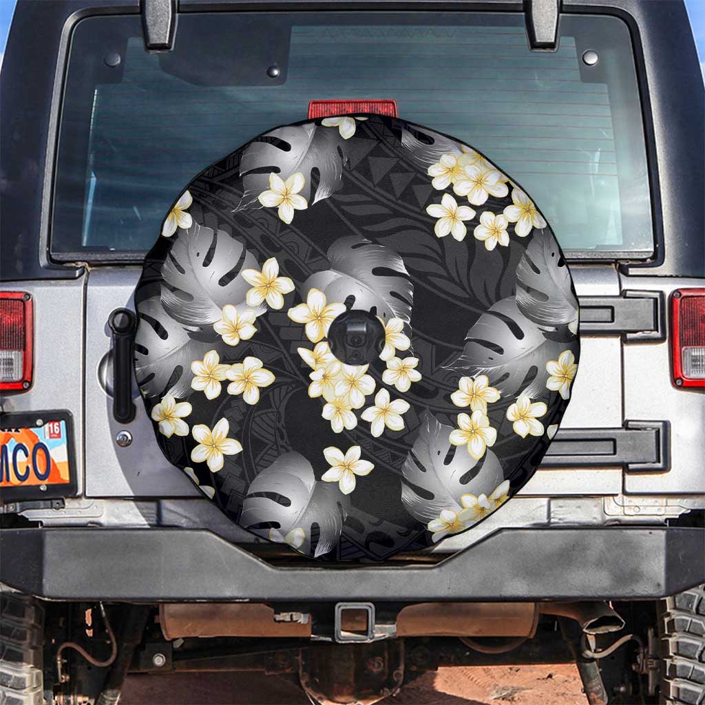 Black Tropical Hawaii Spare Tire Cover Seamless Monstera Plumeria Hawaiian Pattern - Polynesian Pride