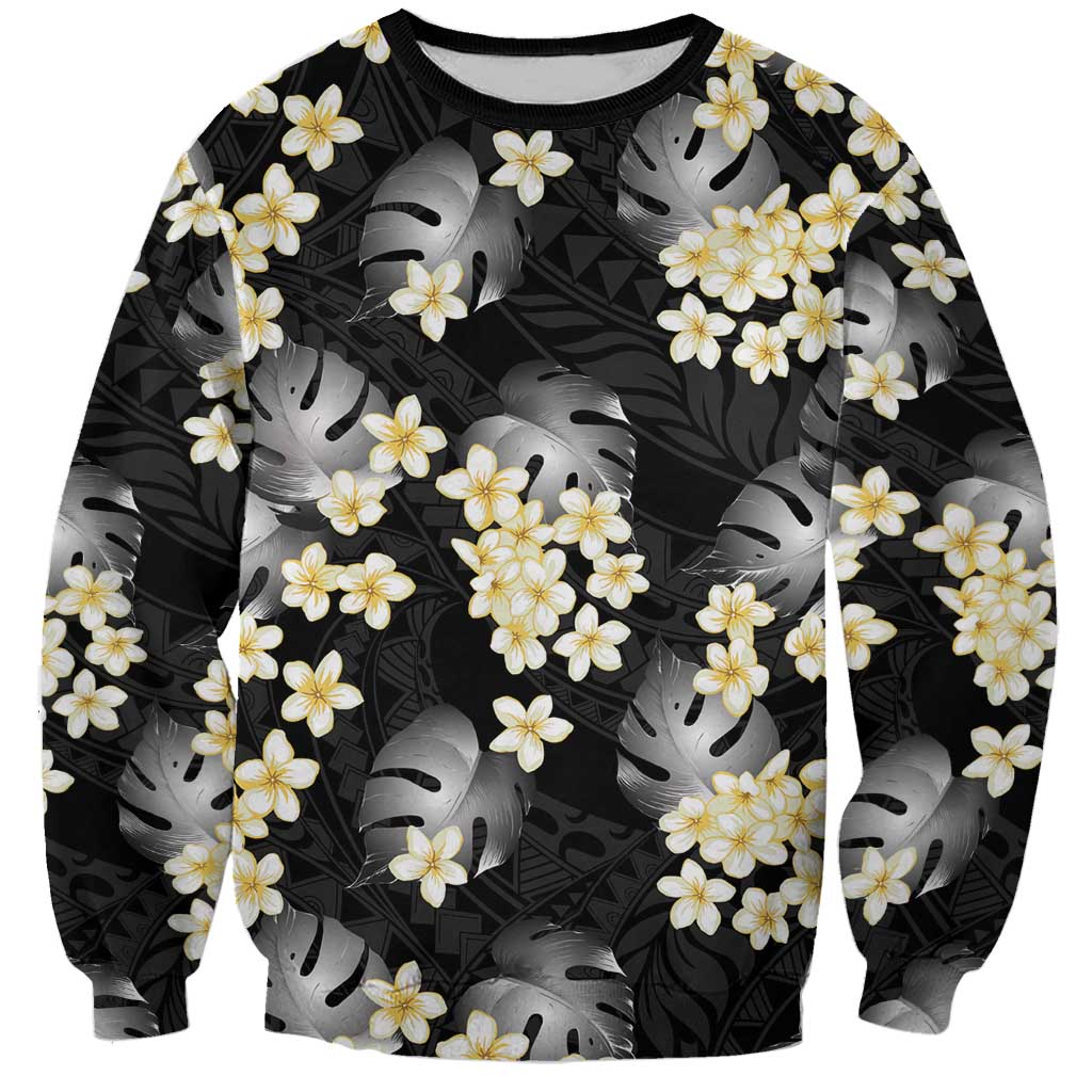 Black Tropical Hawaii Sweatshirt Seamless Monstera Plumeria Hawaiian Pattern - Polynesian Pride