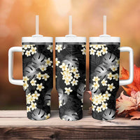 Black Tropical Hawaii Tumbler With Handle Seamless Monstera Plumeria Hawaiian Pattern - Polynesian Pride