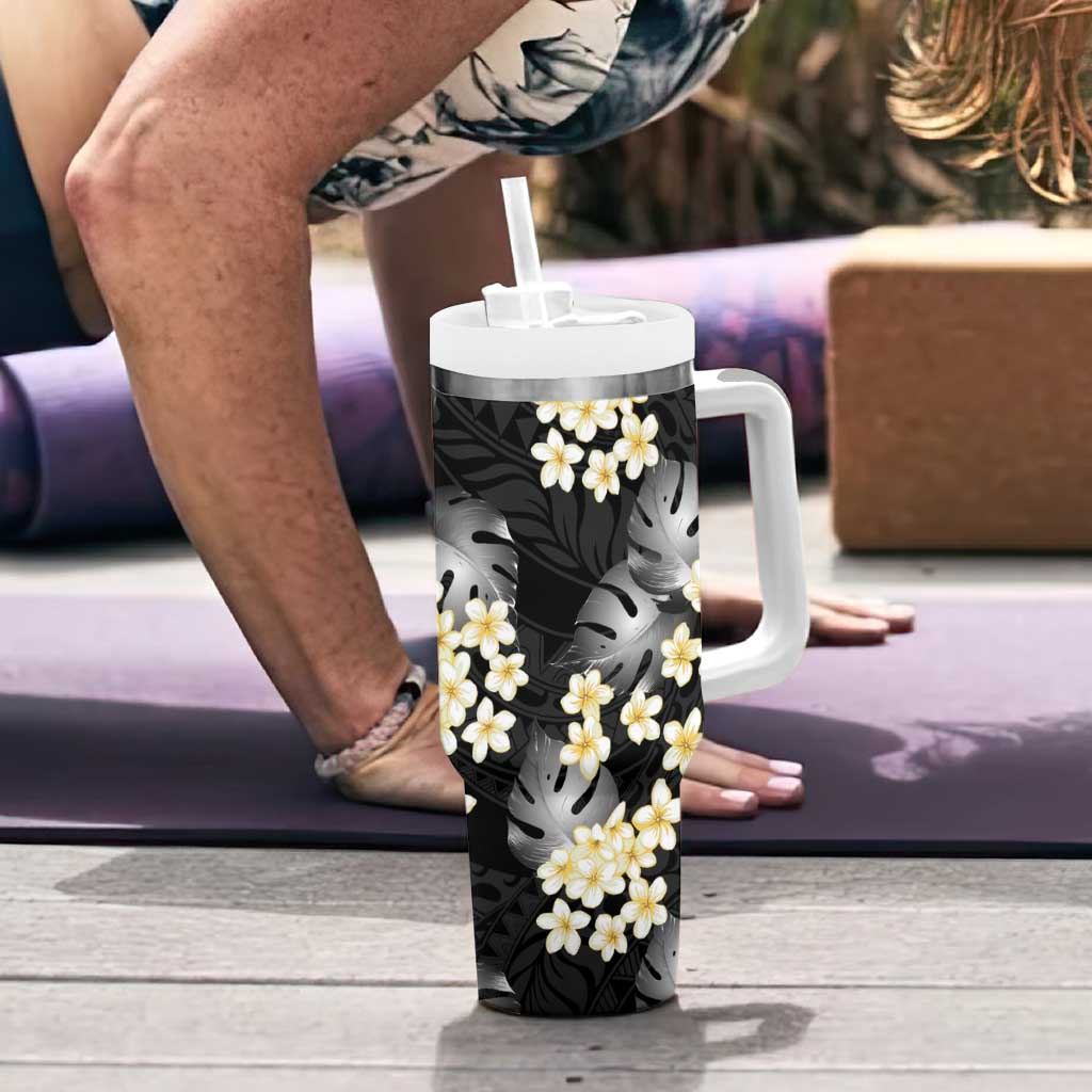Black Tropical Hawaii Tumbler With Handle Seamless Monstera Plumeria Hawaiian Pattern - Polynesian Pride