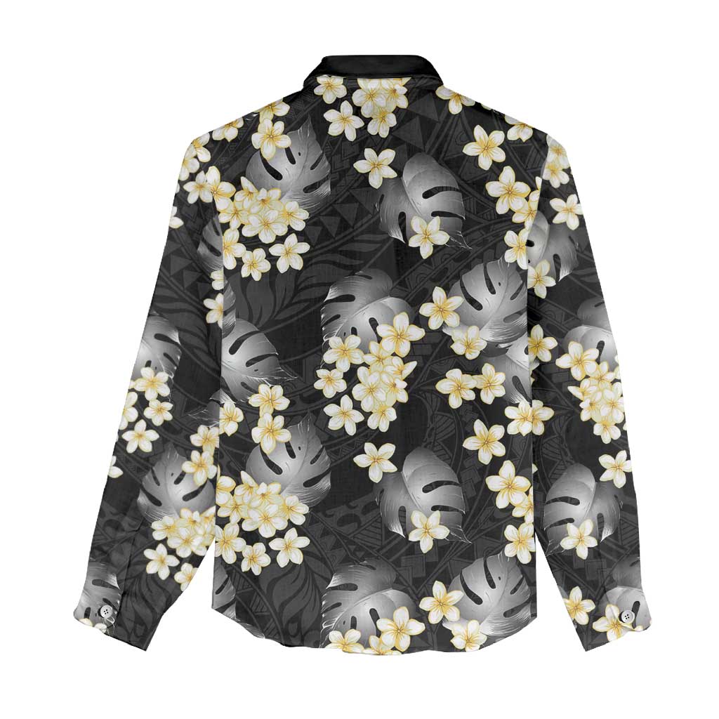 Black Tropical Hawaii Women Casual Shirt Seamless Monstera Plumeria Hawaiian Pattern - Polynesian Pride