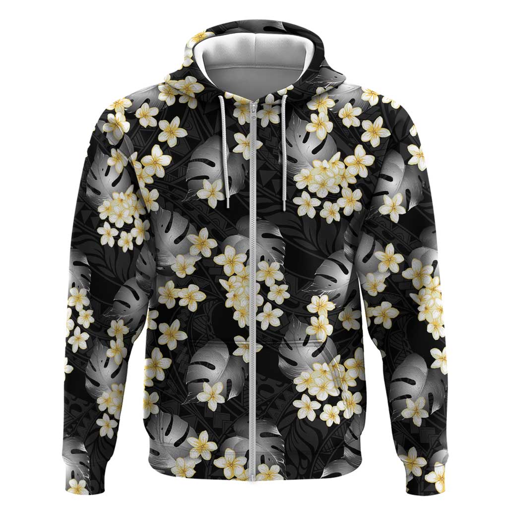 Black Tropical Hawaii Zip Hoodie Seamless Monstera Plumeria Hawaiian Pattern - Polynesian Pride