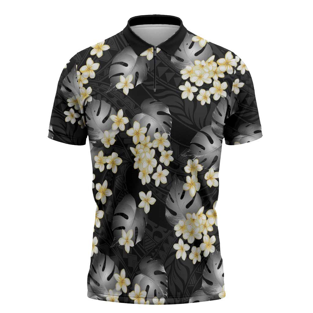 Black Tropical Hawaii Zipper Polo Shirt Seamless Monstera Plumeria Hawaiian Pattern - Polynesian Pride