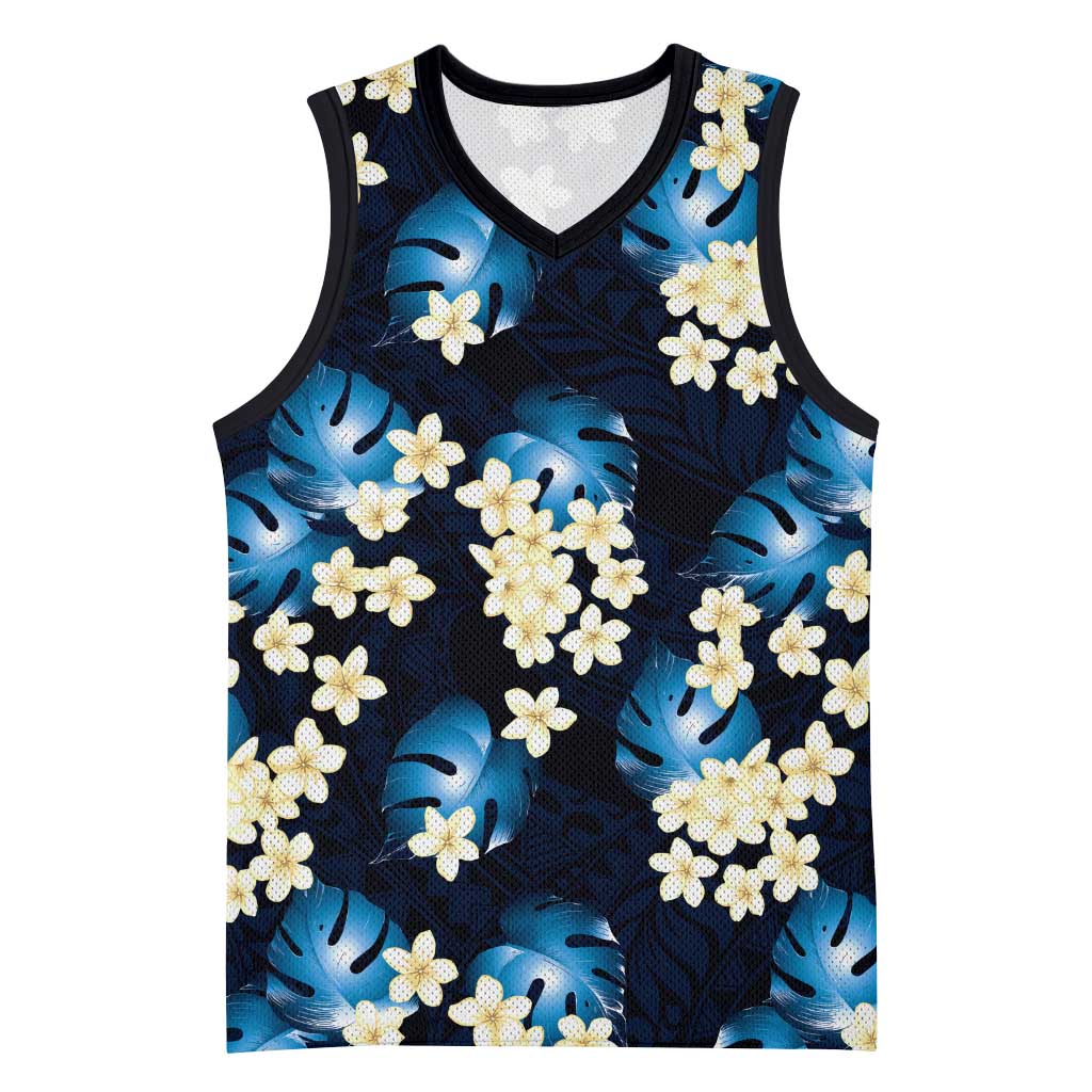 Blue Tropical Hawaii Basketball Jersey Seamless Monstera Plumeria Hawaiian Pattern - Polynesian Pride