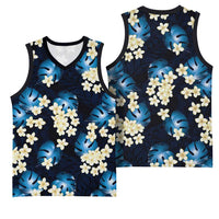 Blue Tropical Hawaii Basketball Jersey Seamless Monstera Plumeria Hawaiian Pattern - Polynesian Pride