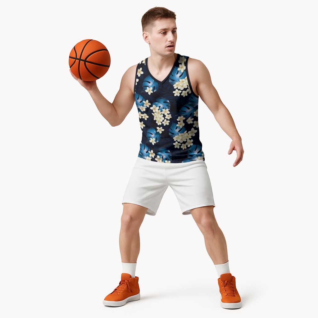 Blue Tropical Hawaii Basketball Jersey Seamless Monstera Plumeria Hawaiian Pattern - Polynesian Pride