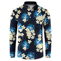 Blue Tropical Hawaii Button Sweatshirt Seamless Monstera Plumeria Hawaiian Pattern - Polynesian Pride