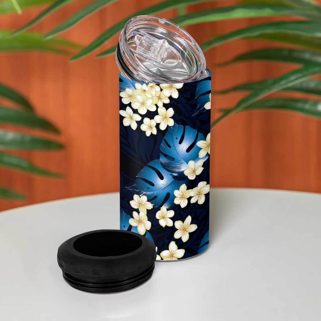 Blue Tropical Hawaii 4 in 1 Can Cooler Tumbler Seamless Monstera Plumeria Hawaiian Pattern - Polynesian Pride