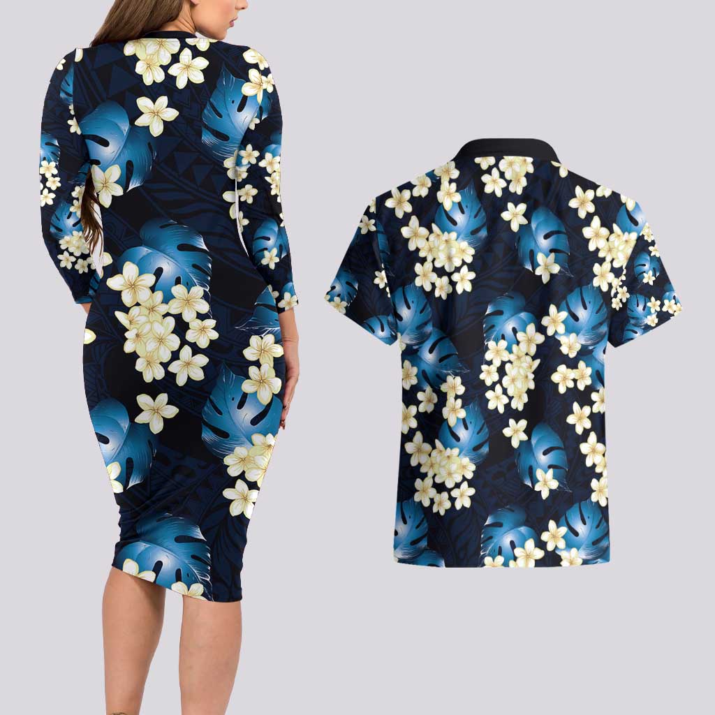 Blue Tropical Hawaii Couples Matching Long Sleeve Bodycon Dress and Hawaiian Shirt Seamless Monstera Plumeria Hawaiian Pattern - Polynesian Pride