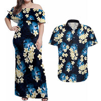 Blue Tropical Hawaii Couples Matching Off Shoulder Maxi Dress and Hawaiian Shirt Seamless Monstera Plumeria Hawaiian Pattern LT14 Blue - Polynesian Pride
