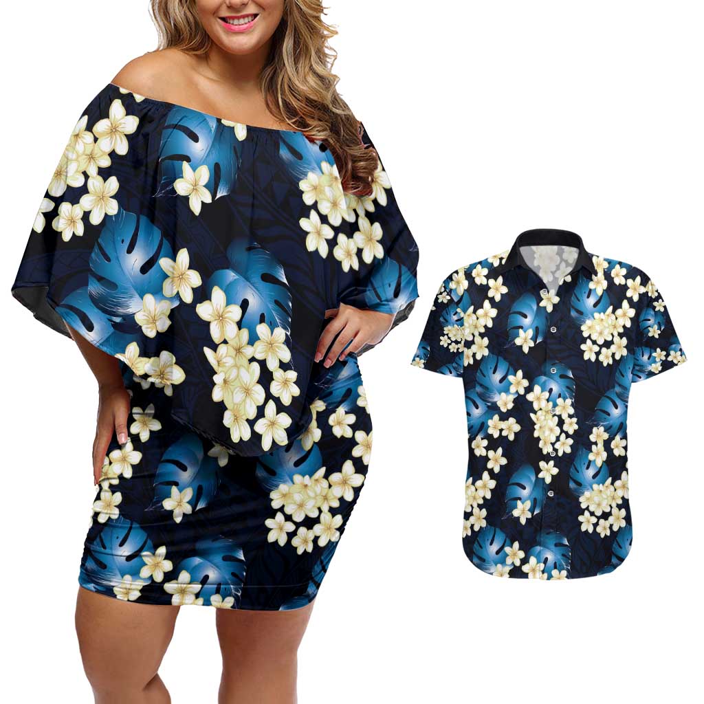 Blue Tropical Hawaii Couples Matching Off Shoulder Short Dress and Hawaiian Shirt Seamless Monstera Plumeria Hawaiian Pattern - Polynesian Pride