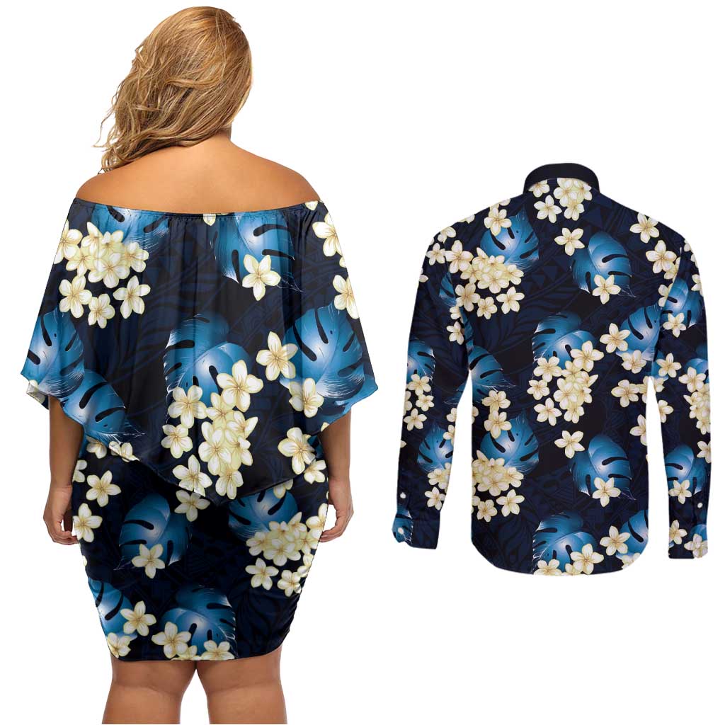Blue Tropical Hawaii Couples Matching Off Shoulder Short Dress and Long Sleeve Button Shirt Seamless Monstera Plumeria Hawaiian Pattern - Polynesian Pride