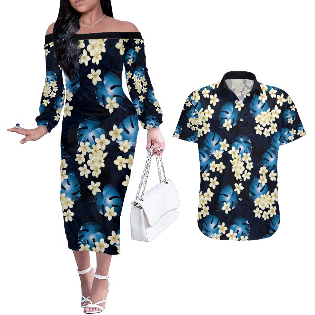 Blue Tropical Hawaii Couples Matching Off The Shoulder Long Sleeve Dress and Hawaiian Shirt Seamless Monstera Plumeria Hawaiian Pattern - Polynesian Pride