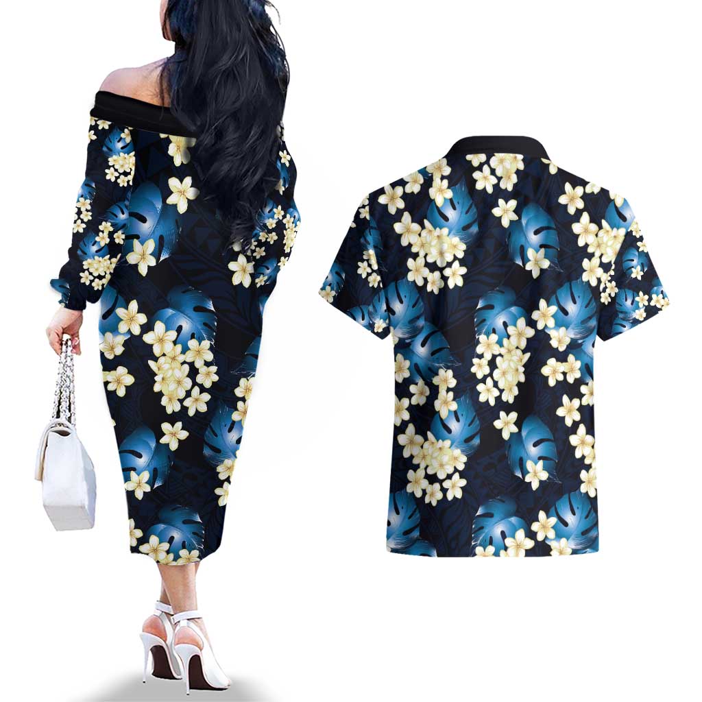 Blue Tropical Hawaii Couples Matching Off The Shoulder Long Sleeve Dress and Hawaiian Shirt Seamless Monstera Plumeria Hawaiian Pattern - Polynesian Pride