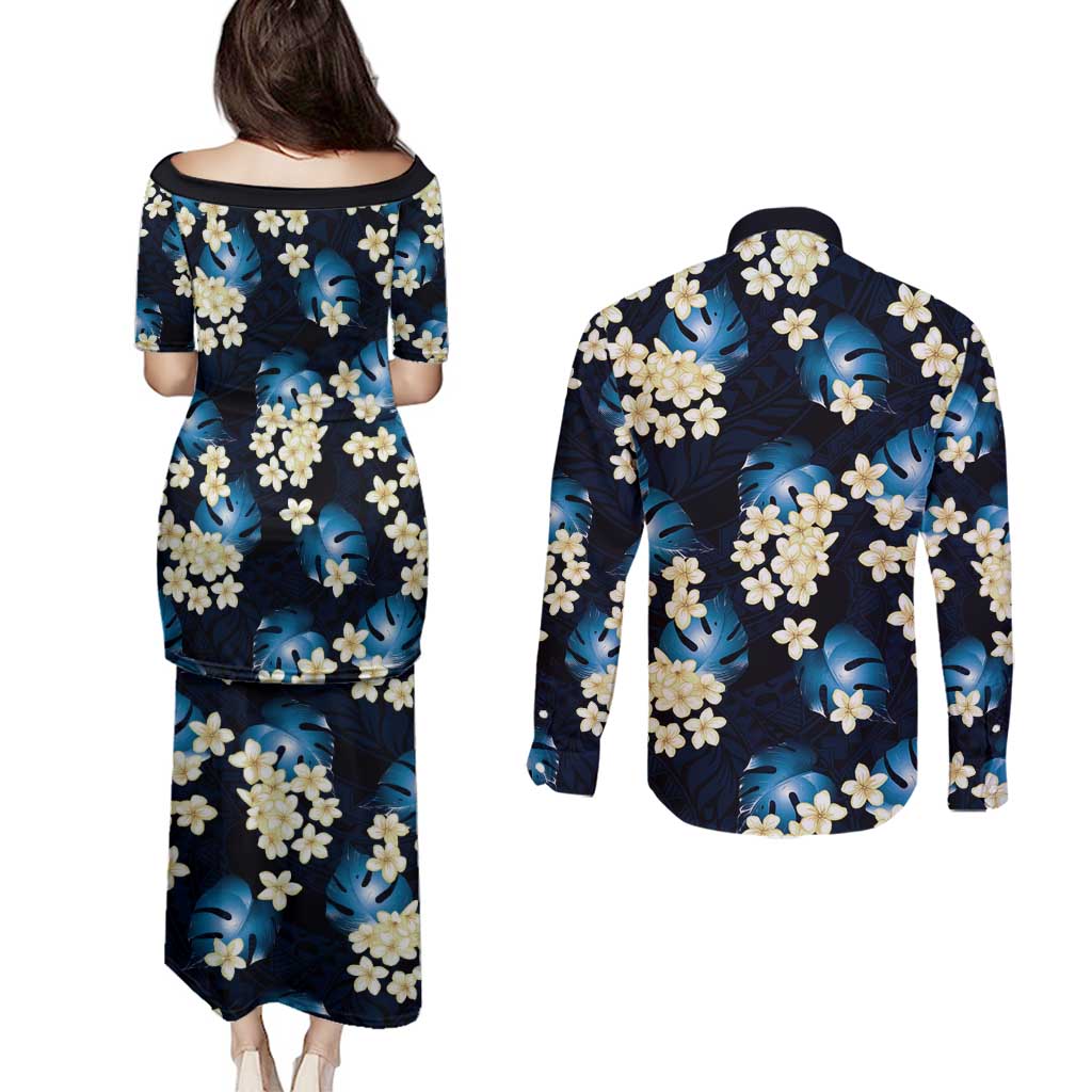 Blue Tropical Hawaii Couples Matching Puletasi and Long Sleeve Button Shirt Seamless Monstera Plumeria Hawaiian Pattern - Polynesian Pride