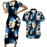 Blue Tropical Hawaii Couples Matching Short Sleeve Bodycon Dress and Hawaiian Shirt Seamless Monstera Plumeria Hawaiian Pattern LT14 Blue - Polynesian Pride