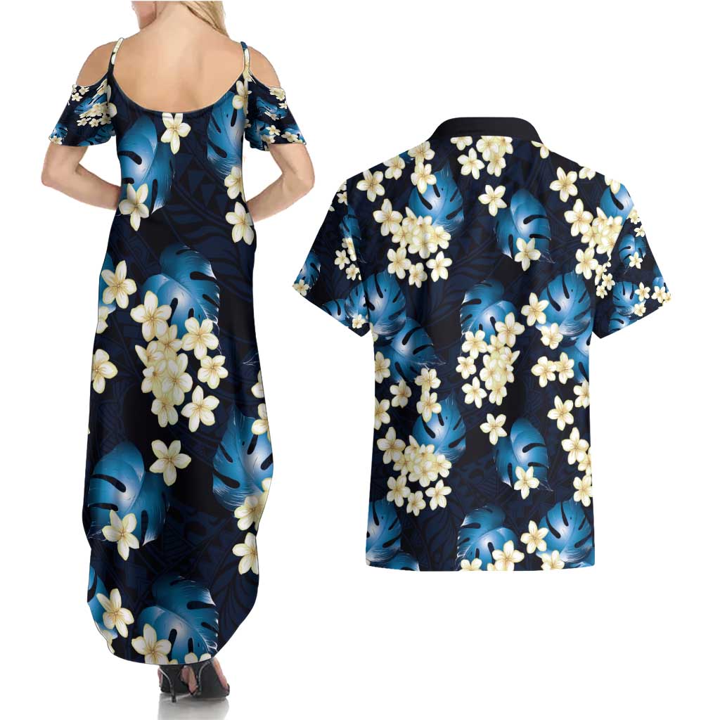 Blue Tropical Hawaii Couples Matching Summer Maxi Dress and Hawaiian Shirt Seamless Monstera Plumeria Hawaiian Pattern - Polynesian Pride