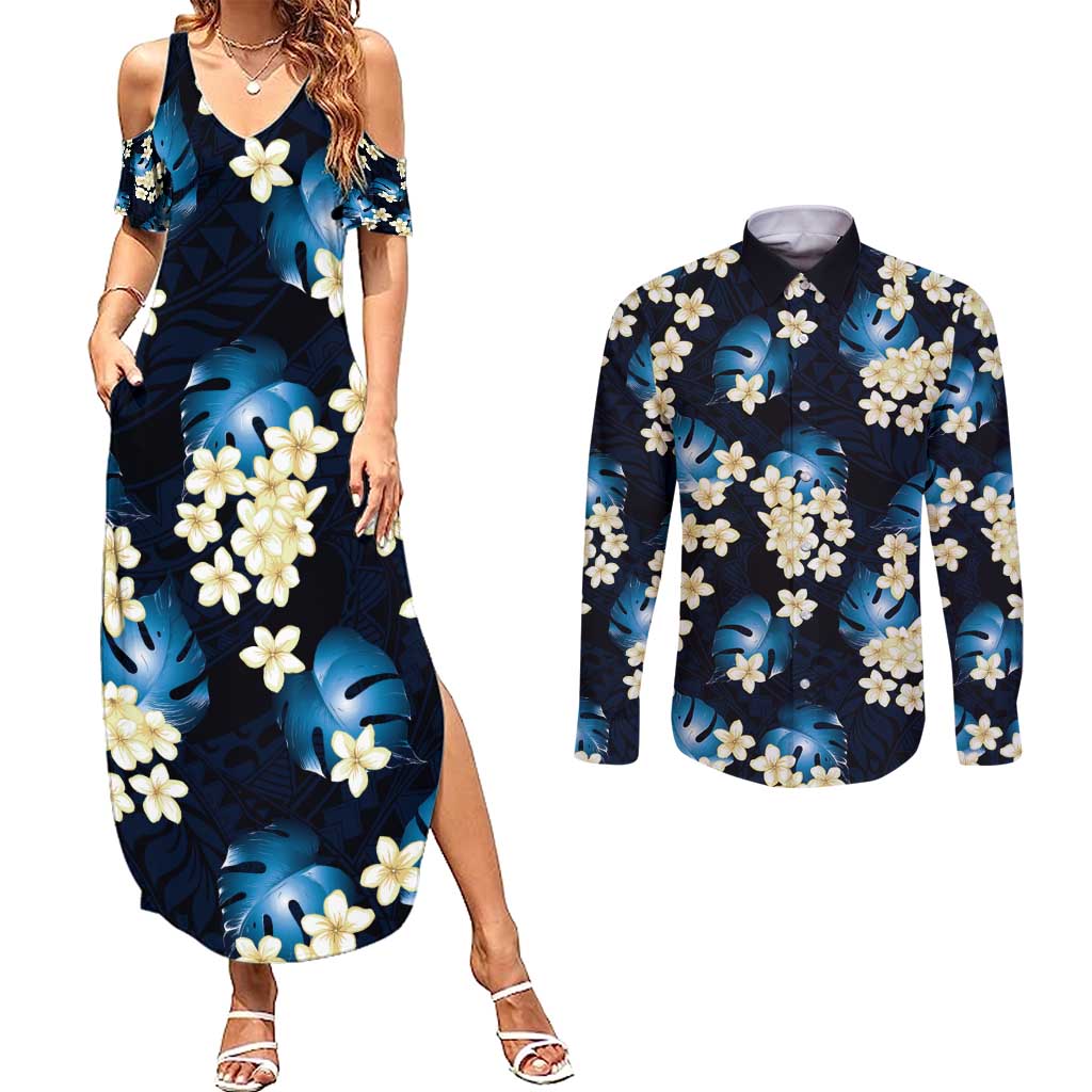Blue Tropical Hawaii Couples Matching Summer Maxi Dress and Long Sleeve Button Shirt Seamless Monstera Plumeria Hawaiian Pattern - Polynesian Pride