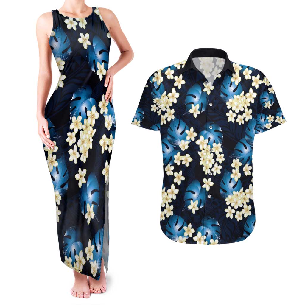 Blue Tropical Hawaii Couples Matching Tank Maxi Dress and Hawaiian Shirt Seamless Monstera Plumeria Hawaiian Pattern - Polynesian Pride