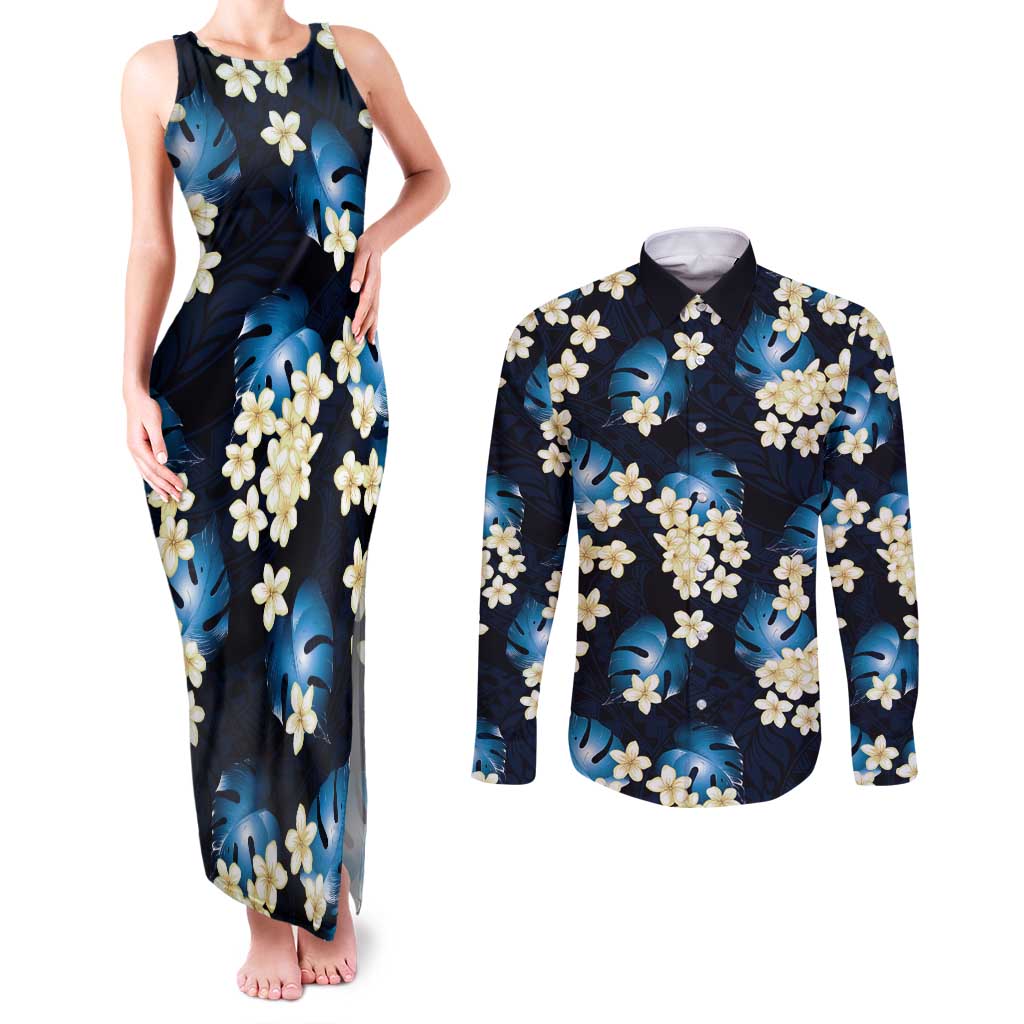 Blue Tropical Hawaii Couples Matching Tank Maxi Dress and Long Sleeve Button Shirt Seamless Monstera Plumeria Hawaiian Pattern - Polynesian Pride
