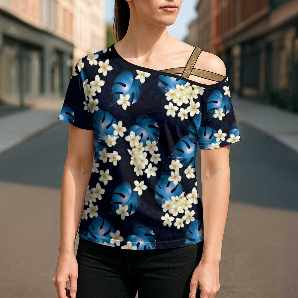 Blue Tropical Hawaii Cross Shoulder Shirt Seamless Monstera Plumeria Hawaiian Pattern - Polynesian Pride