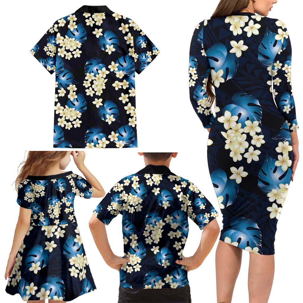 Blue Tropical Hawaii Family Matching Long Sleeve Bodycon Dress and Hawaiian Shirt Seamless Monstera Plumeria Hawaiian Pattern LT14 - Polynesian Pride