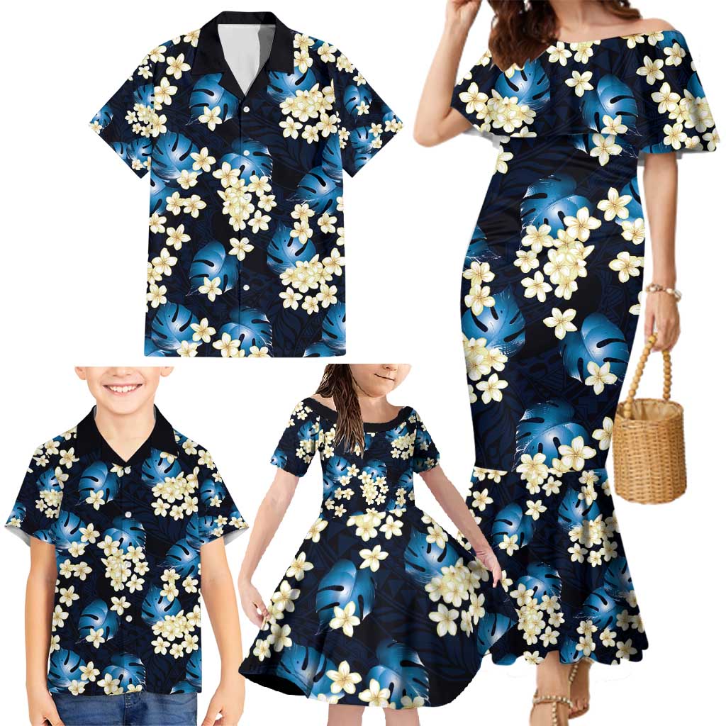 Blue Tropical Hawaii Family Matching Mermaid Dress and Hawaiian Shirt Seamless Monstera Plumeria Hawaiian Pattern - Polynesian Pride