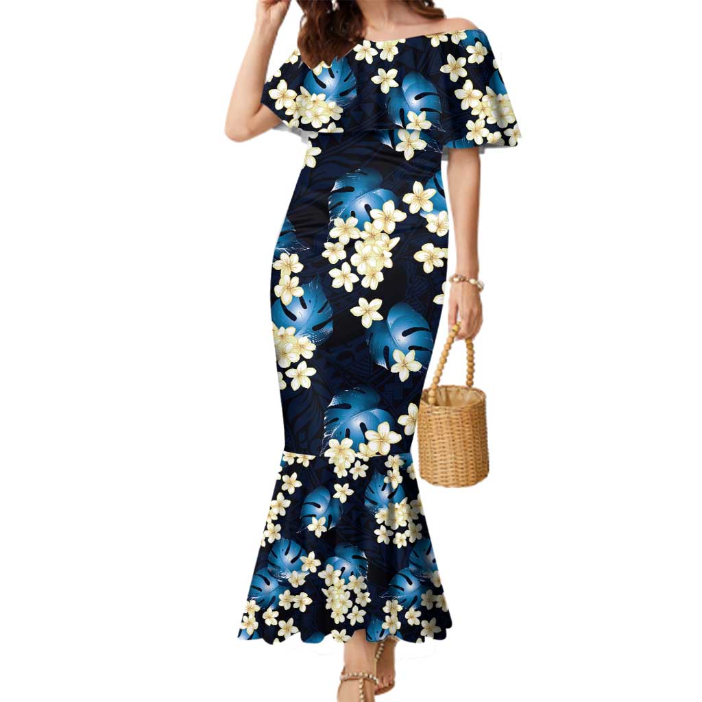 Blue Tropical Hawaii Family Matching Mermaid Dress and Hawaiian Shirt Seamless Monstera Plumeria Hawaiian Pattern LT14 Mom's Dress Blue - Polynesian Pride