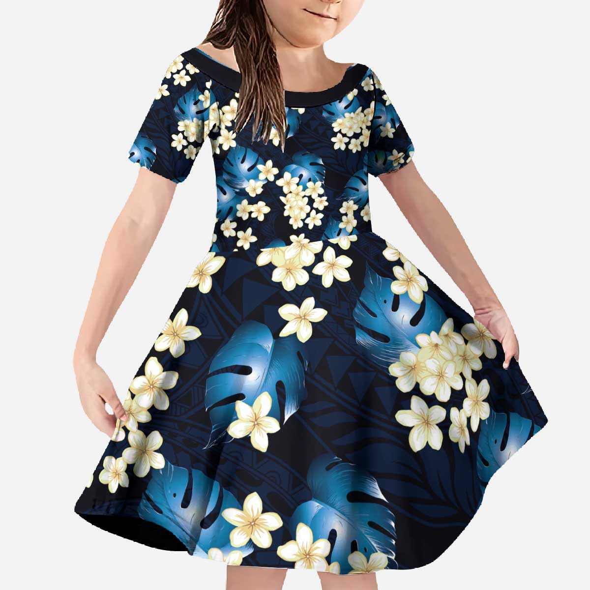 Blue Tropical Hawaii Family Matching Off The Shoulder Long Sleeve Dress and Hawaiian Shirt Seamless Monstera Plumeria Hawaiian Pattern LT14 Daughter's Dress Blue - Polynesian Pride