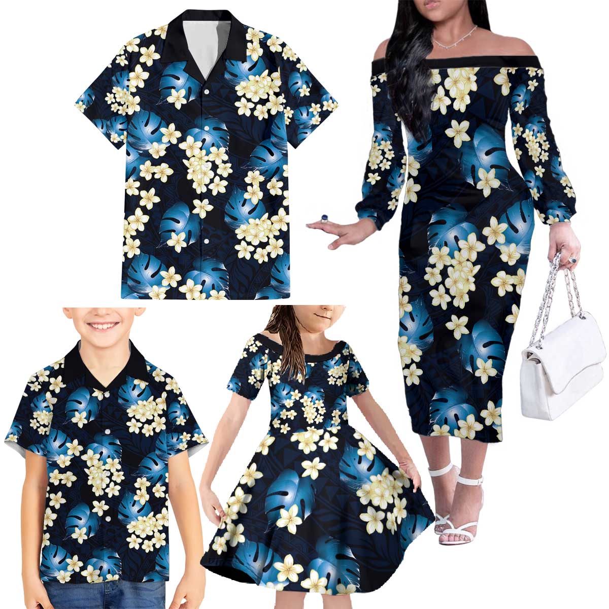 Blue Tropical Hawaii Family Matching Off The Shoulder Long Sleeve Dress and Hawaiian Shirt Seamless Monstera Plumeria Hawaiian Pattern LT14 - Polynesian Pride