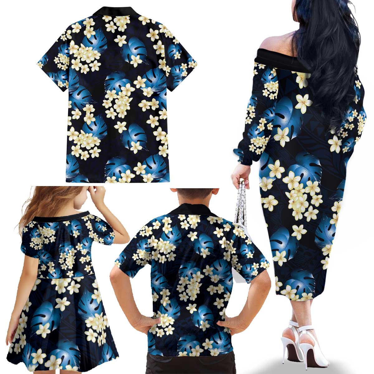 Blue Tropical Hawaii Family Matching Off The Shoulder Long Sleeve Dress and Hawaiian Shirt Seamless Monstera Plumeria Hawaiian Pattern LT14 - Polynesian Pride
