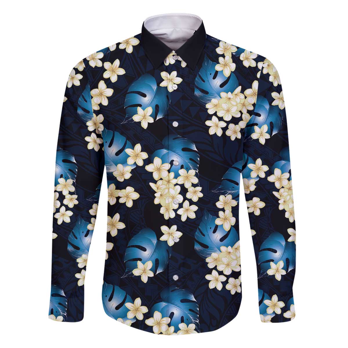 Blue Tropical Hawaii Family Matching Off The Shoulder Long Sleeve Dress and Hawaiian Shirt Seamless Monstera Plumeria Hawaiian Pattern LT14 Dad's Shirt - Long Sleeve Blue - Polynesian Pride