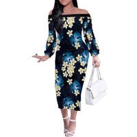 Blue Tropical Hawaii Family Matching Off The Shoulder Long Sleeve Dress and Hawaiian Shirt Seamless Monstera Plumeria Hawaiian Pattern LT14 Mom's Dress Blue - Polynesian Pride