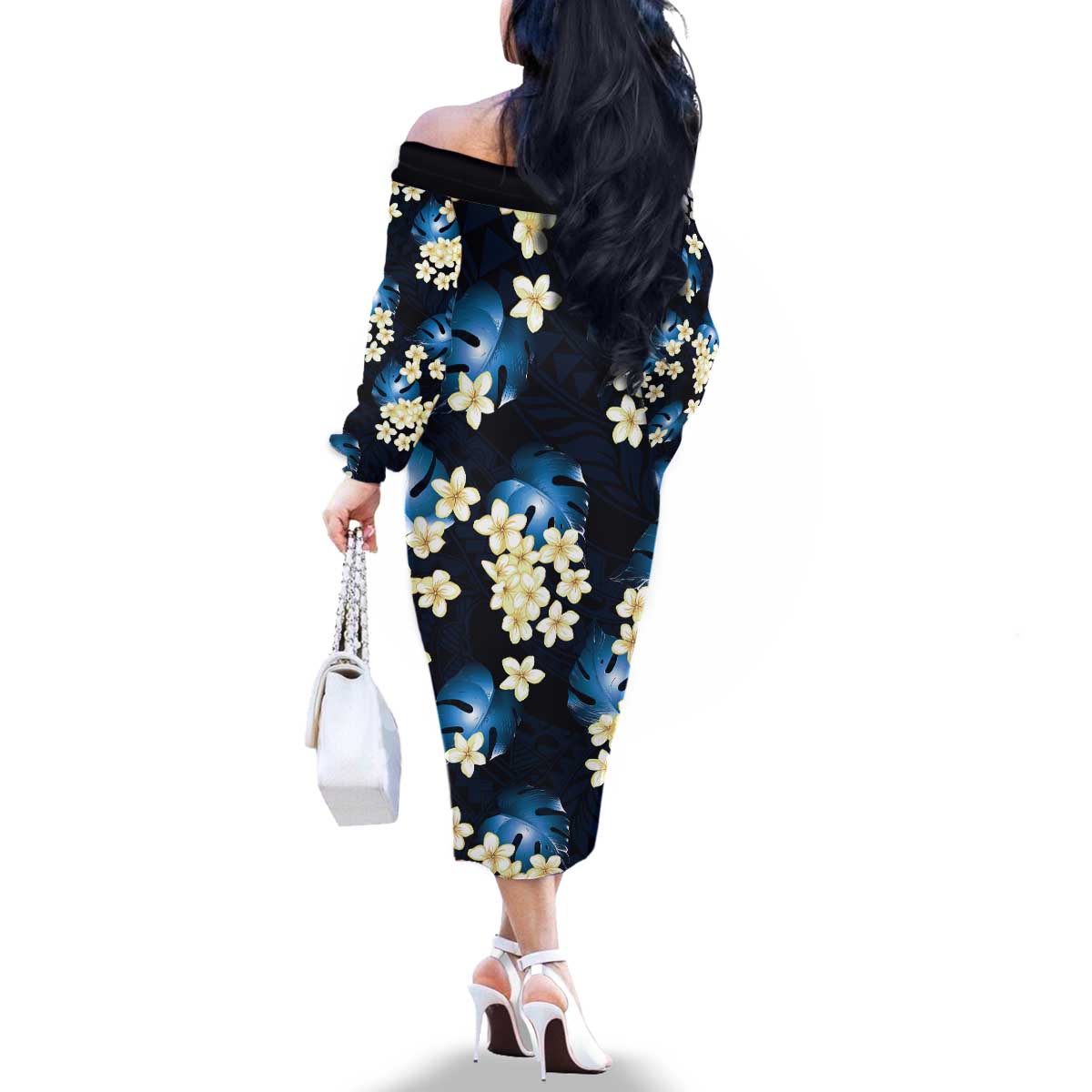 Blue Tropical Hawaii Family Matching Off The Shoulder Long Sleeve Dress and Hawaiian Shirt Seamless Monstera Plumeria Hawaiian Pattern LT14 - Polynesian Pride