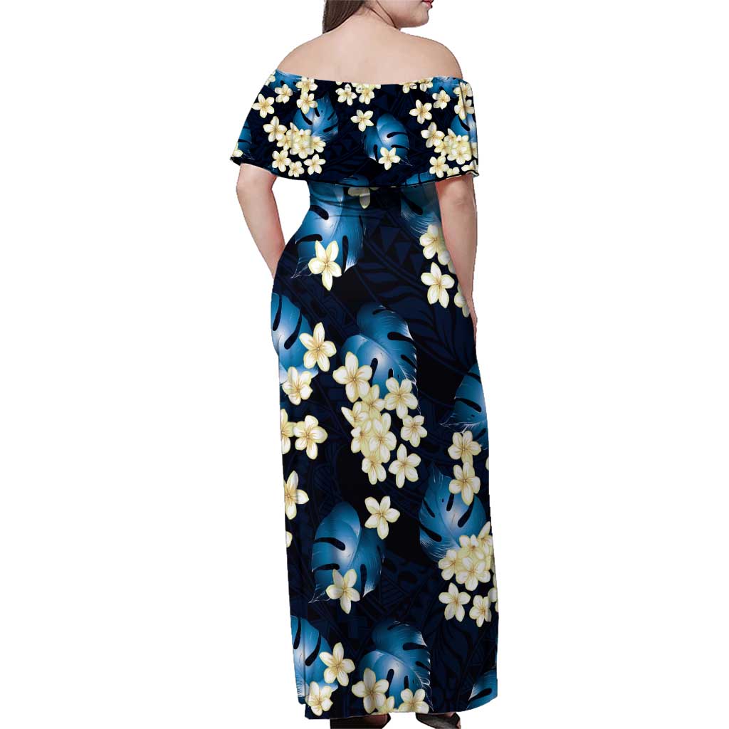 Blue Tropical Hawaii Family Matching Off Shoulder Maxi Dress and Hawaiian Shirt Seamless Monstera Plumeria Hawaiian Pattern - Polynesian Pride