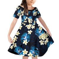 Blue Tropical Hawaii Family Matching Off Shoulder Short Dress and Hawaiian Shirt Seamless Monstera Plumeria Hawaiian Pattern LT14 Daughter's Dress Blue - Polynesian Pride