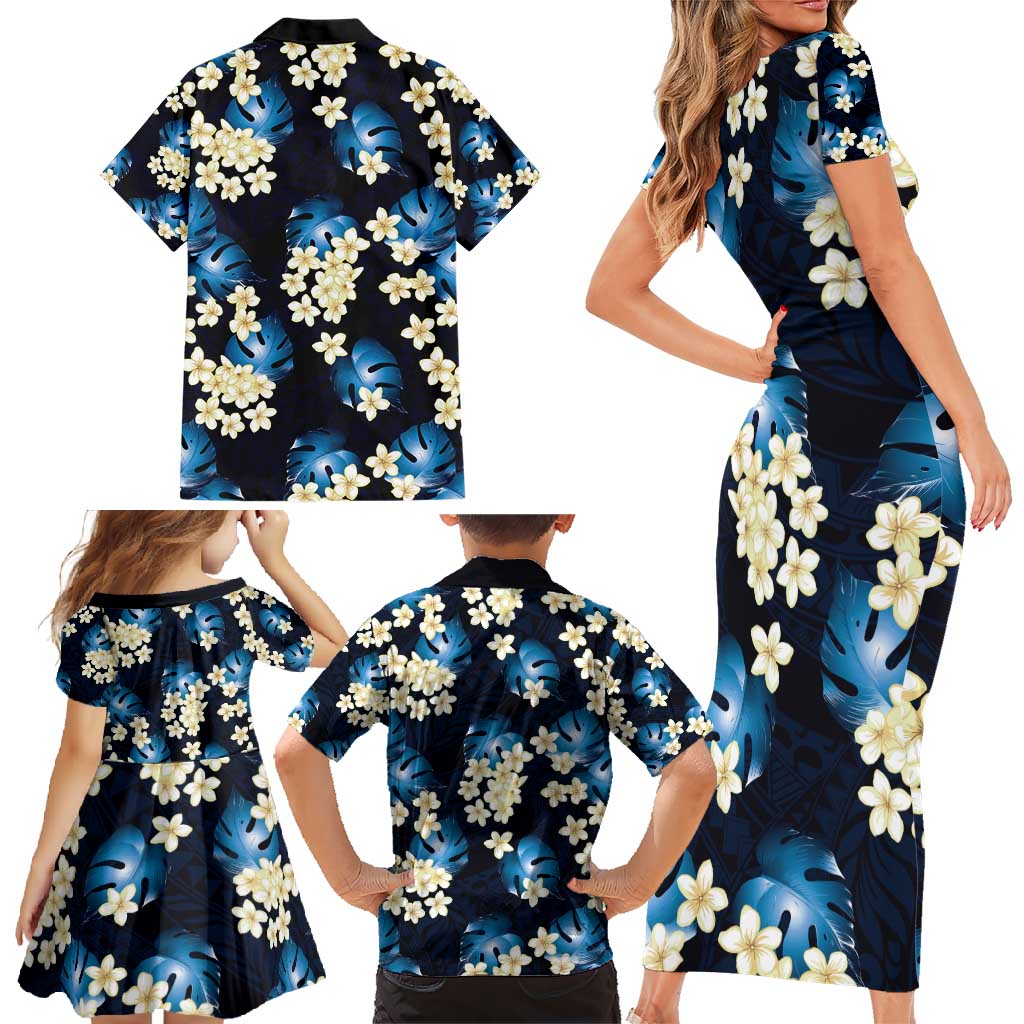 Blue Tropical Hawaii Family Matching Short Sleeve Bodycon Dress and Hawaiian Shirt Seamless Monstera Plumeria Hawaiian Pattern LT14 - Polynesian Pride