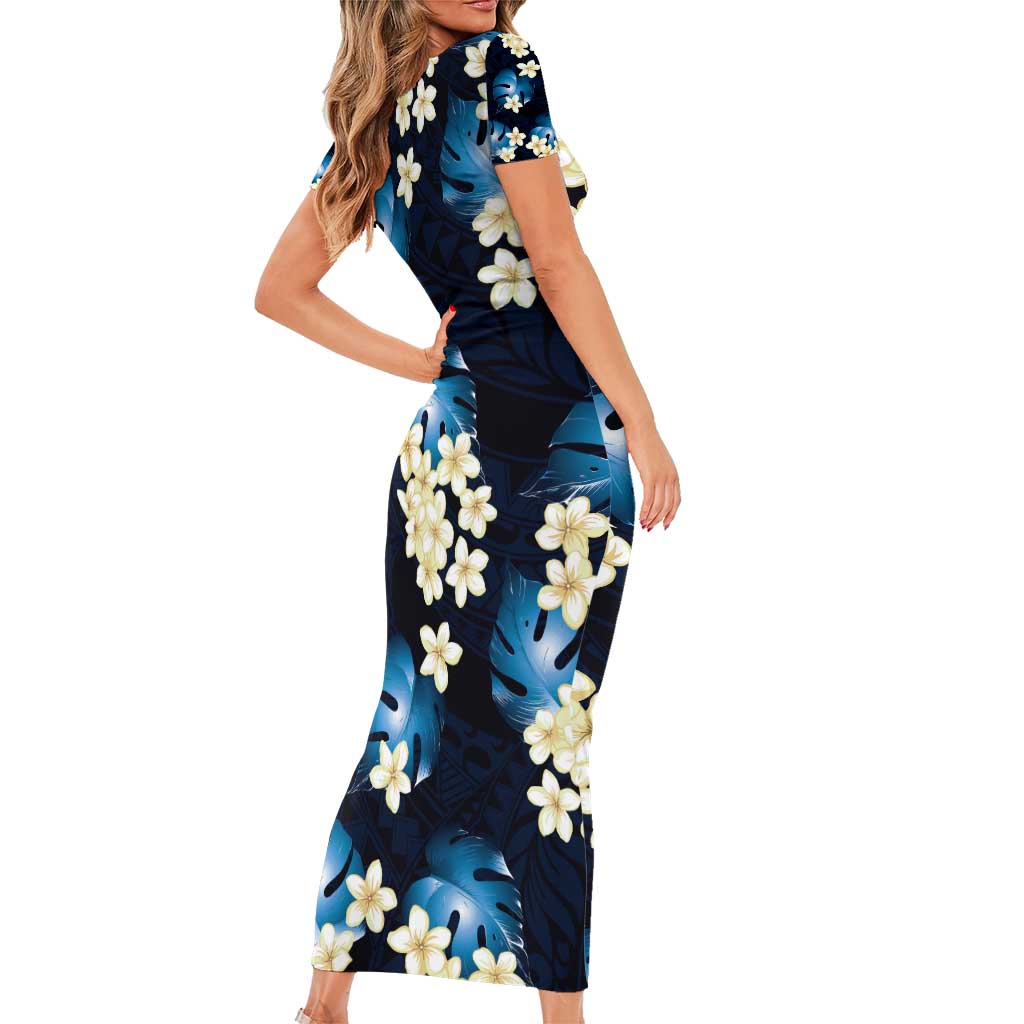 Blue Tropical Hawaii Family Matching Short Sleeve Bodycon Dress and Hawaiian Shirt Seamless Monstera Plumeria Hawaiian Pattern LT14 - Polynesian Pride