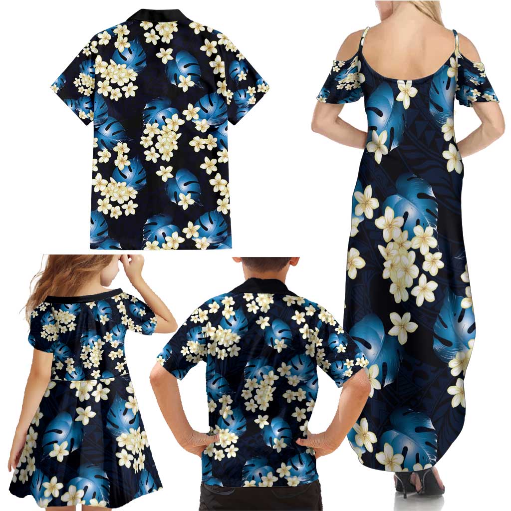 Blue Tropical Hawaii Family Matching Summer Maxi Dress and Hawaiian Shirt Seamless Monstera Plumeria Hawaiian Pattern - Polynesian Pride