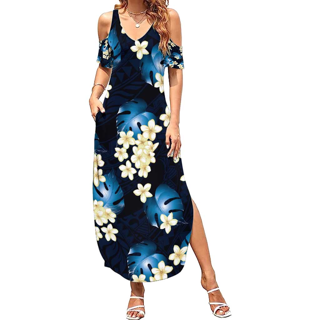Blue Tropical Hawaii Family Matching Summer Maxi Dress and Hawaiian Shirt Seamless Monstera Plumeria Hawaiian Pattern - Polynesian Pride