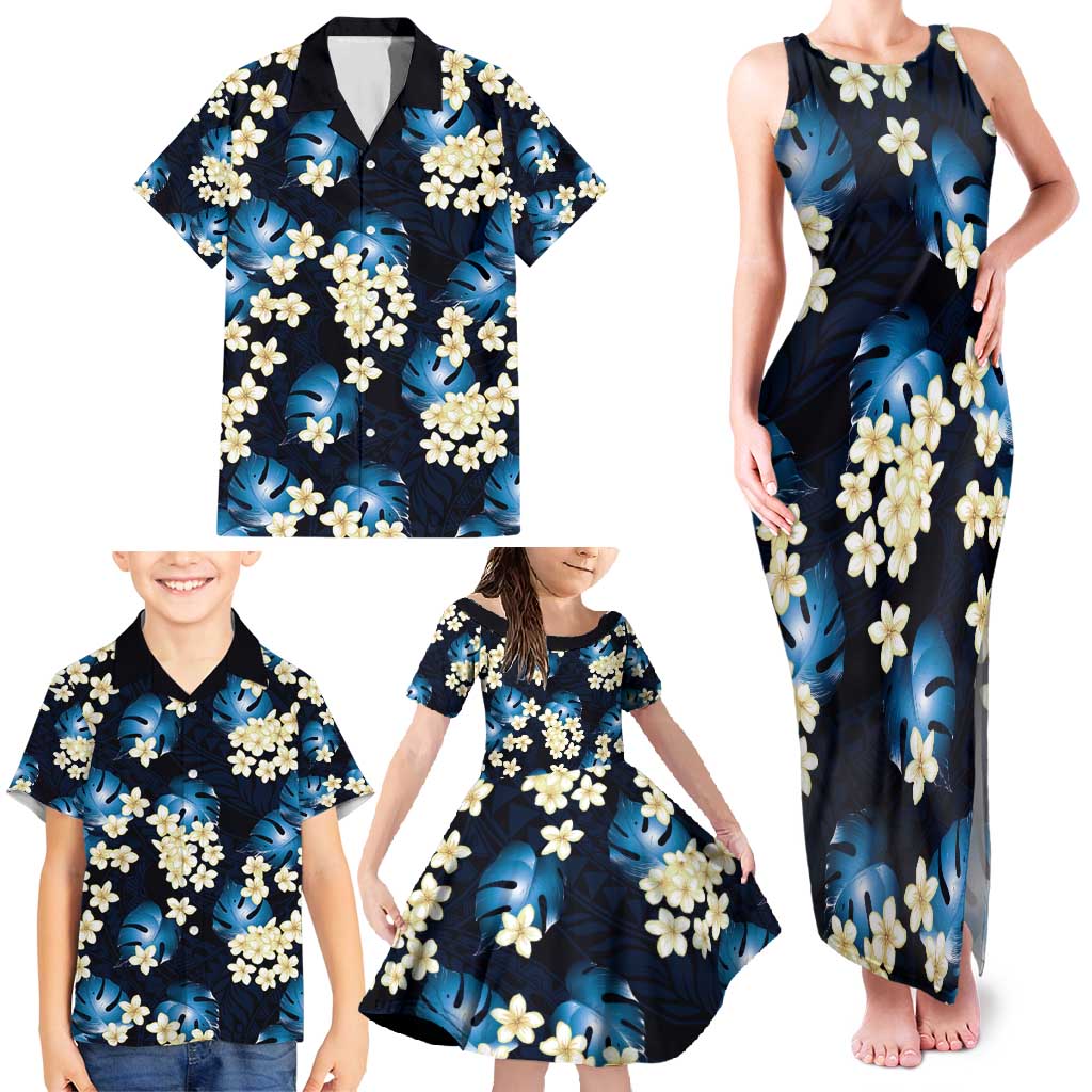 Blue Tropical Hawaii Family Matching Tank Maxi Dress and Hawaiian Shirt Seamless Monstera Plumeria Hawaiian Pattern - Polynesian Pride