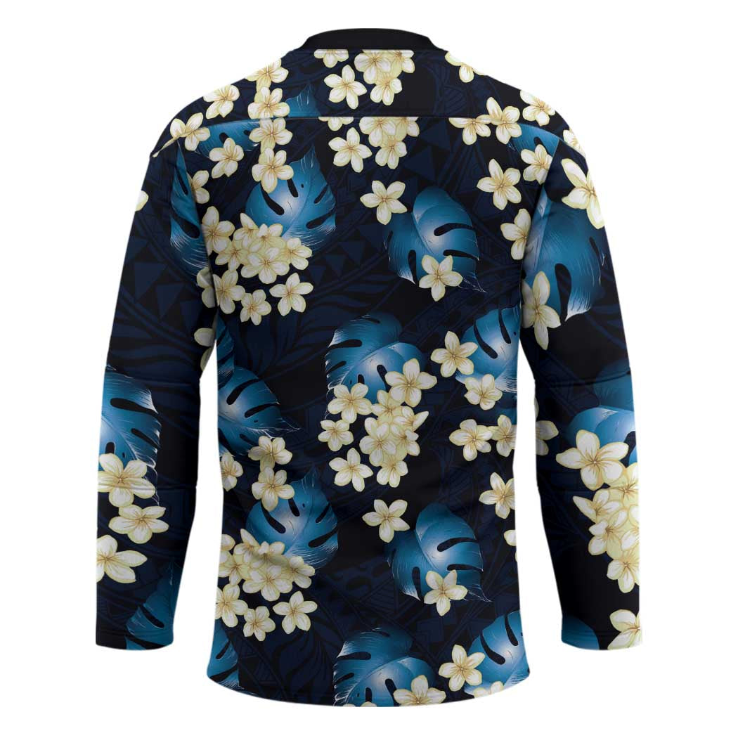 Blue Tropical Hawaii Hockey Jersey Seamless Monstera Plumeria Hawaiian Pattern - Polynesian Pride