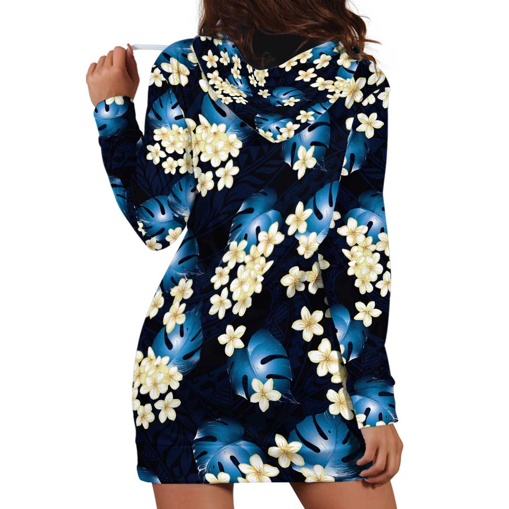 Blue Tropical Hawaii Hoodie Dress Seamless Monstera Plumeria Hawaiian Pattern LT14 - Polynesian Pride