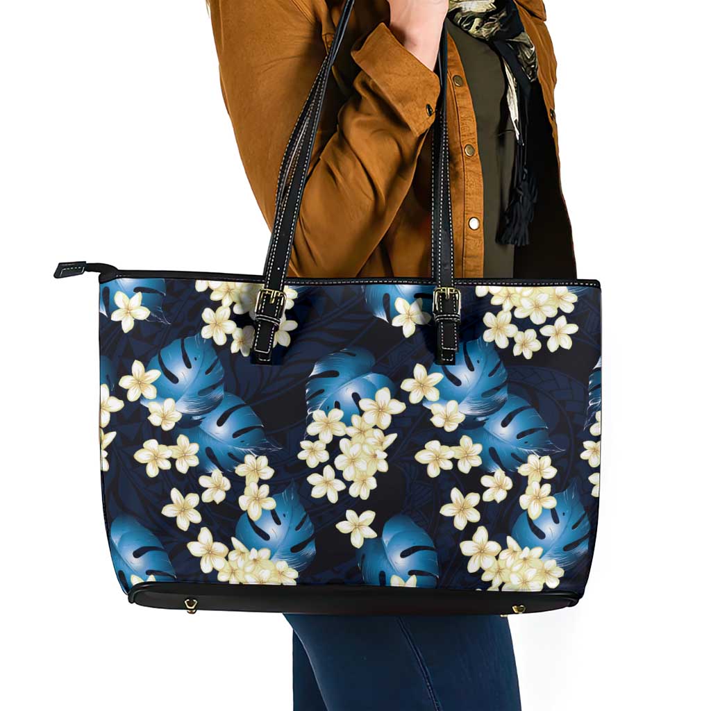 Blue Tropical Hawaii Leather Tote Bag Seamless Monstera Plumeria Hawaiian Pattern - Polynesian Pride