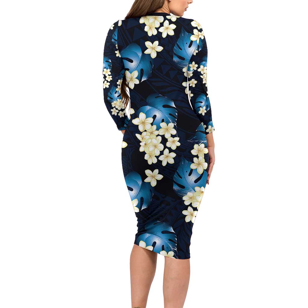 Blue Tropical Hawaii Long Sleeve Bodycon Dress Seamless Monstera Plumeria Hawaiian Pattern LT14 - Polynesian Pride