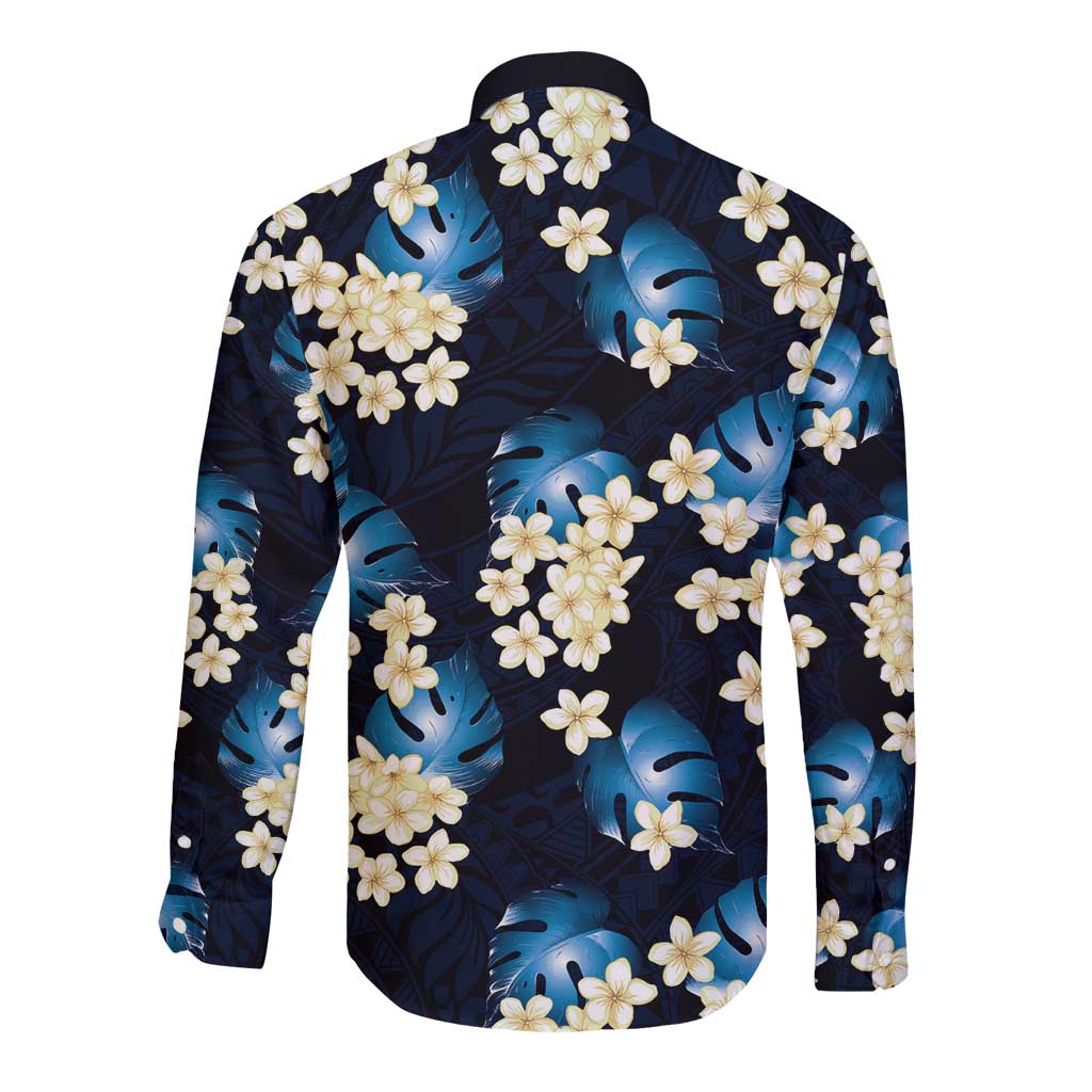 Blue Tropical Hawaii Long Sleeve Button Shirt Seamless Monstera Plumeria Hawaiian Pattern - Polynesian Pride