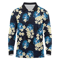 Blue Tropical Hawaii Long Sleeve Polo Shirt Seamless Monstera Plumeria Hawaiian Pattern LT14 Blue - Polynesian Pride